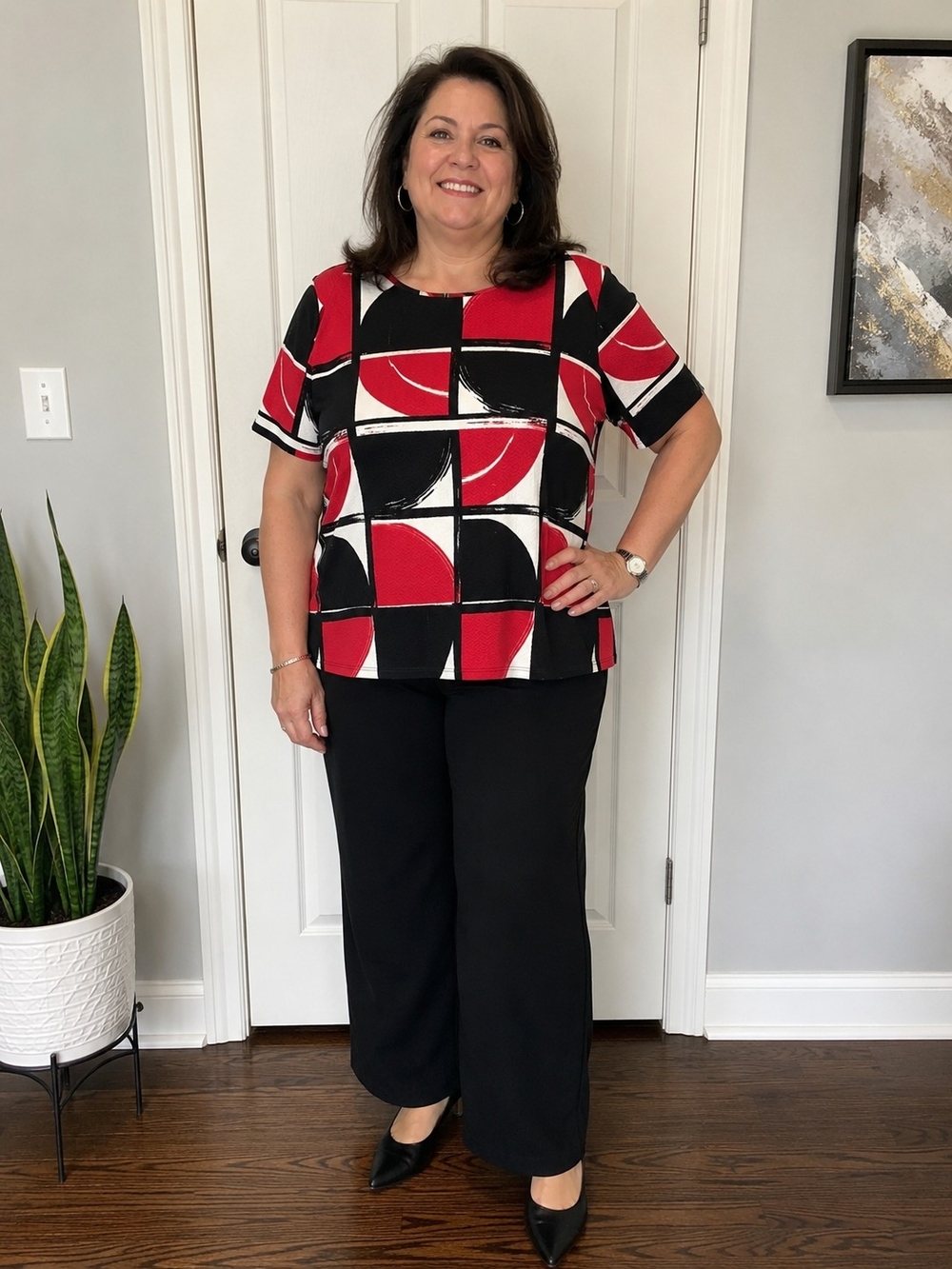 Chico’s Geometric Print Top Red Black White Short Sleeve NWT Size 2 (L)